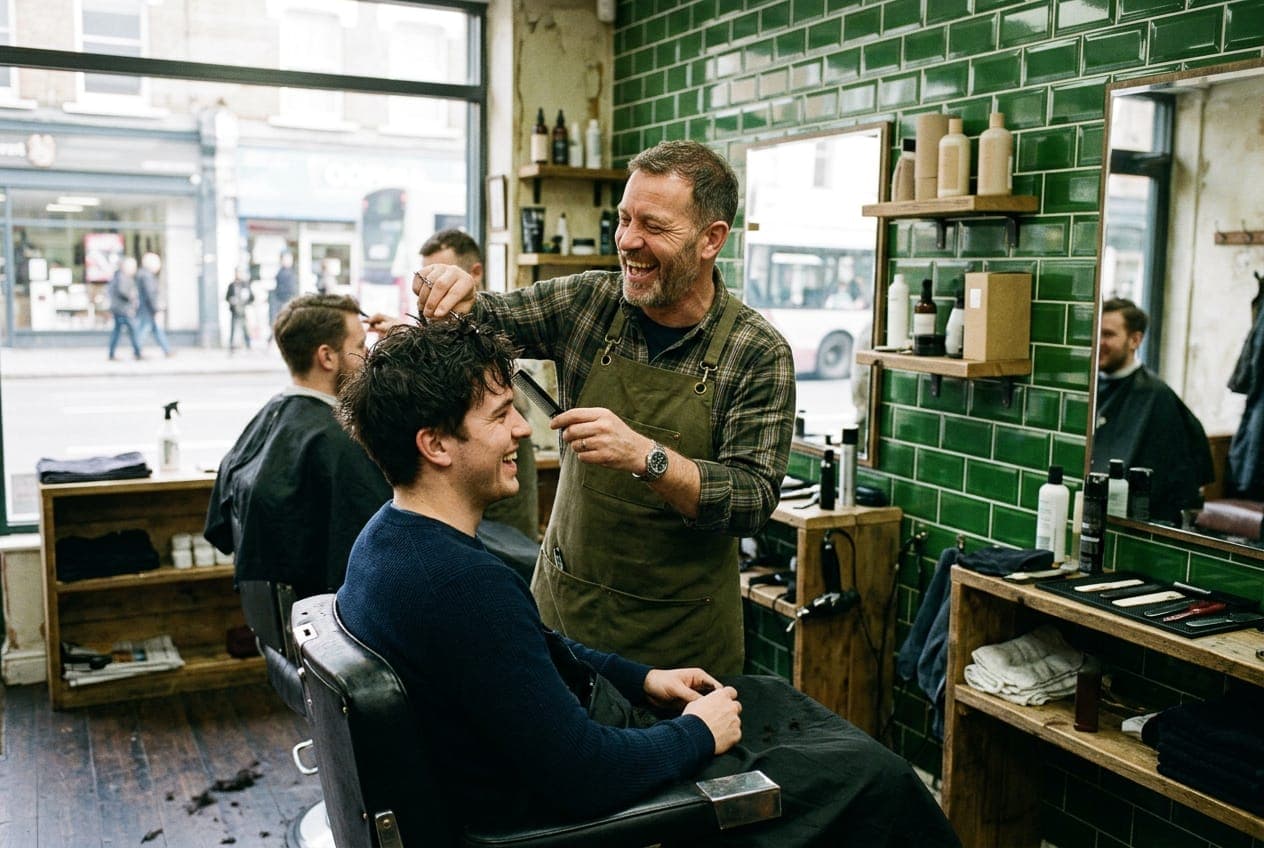 A busy barber shop with a customer in the chair