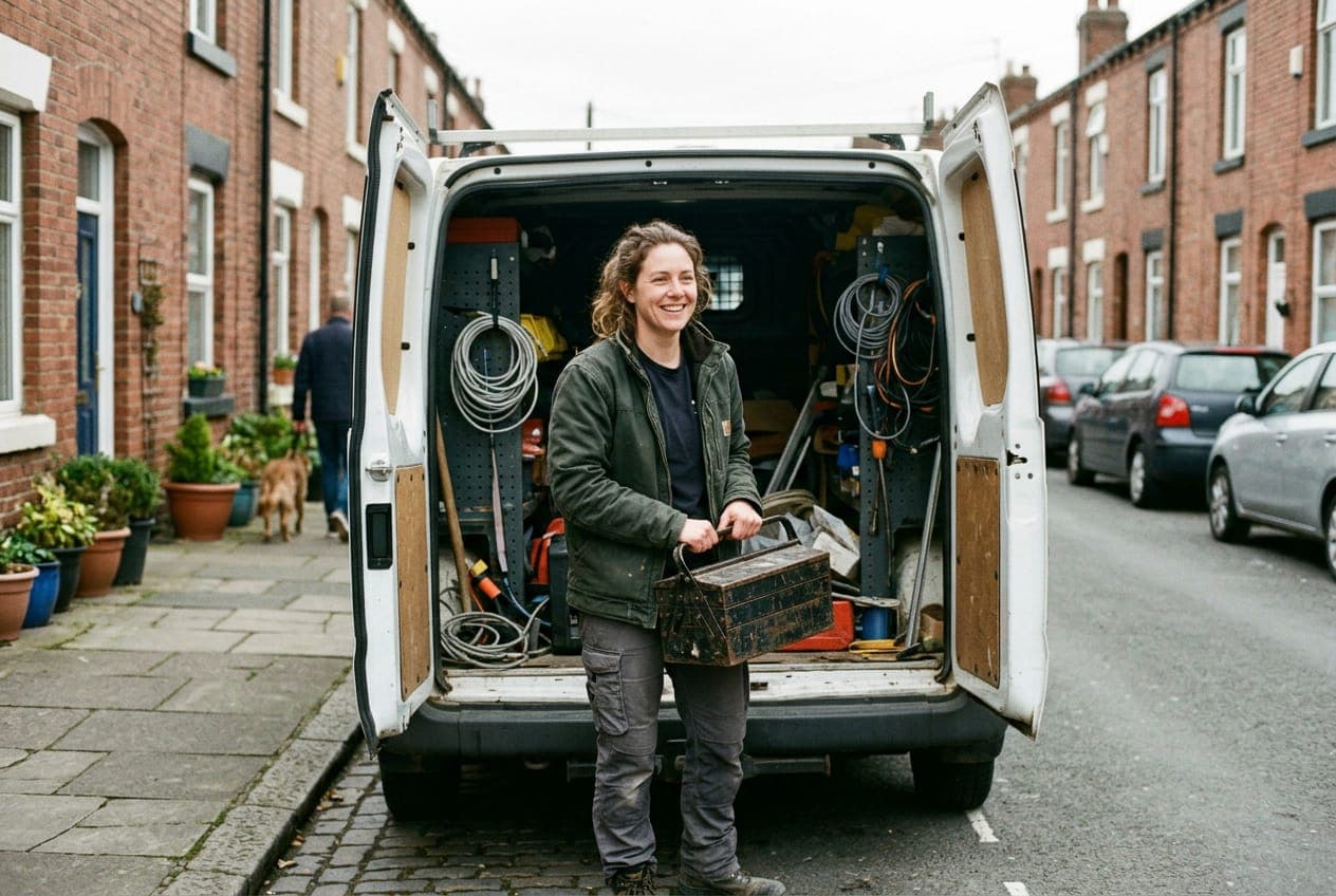 An electrician at the back of her van on a residential street
