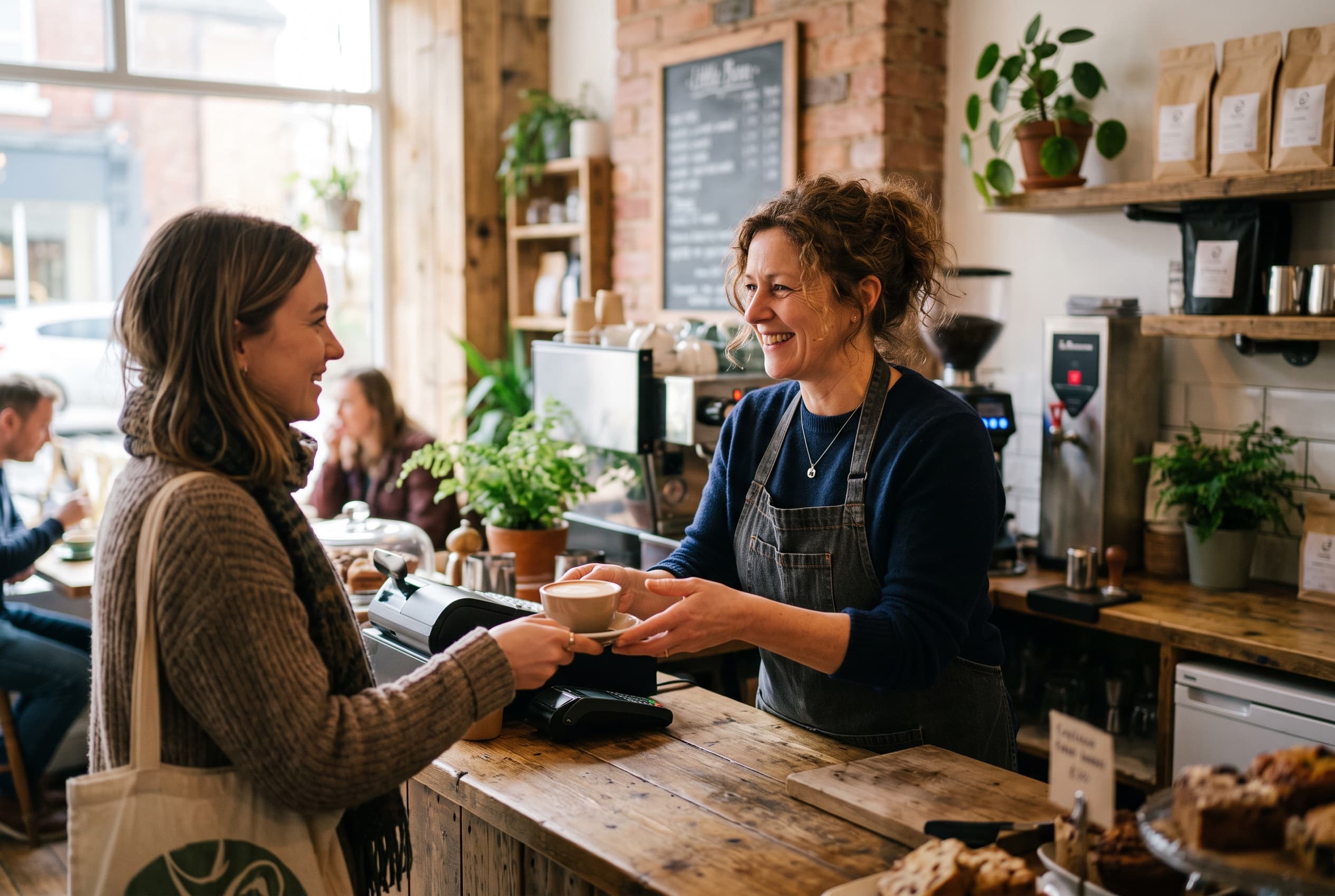 A café owner serving a customer at the counter of her independent coffee shop