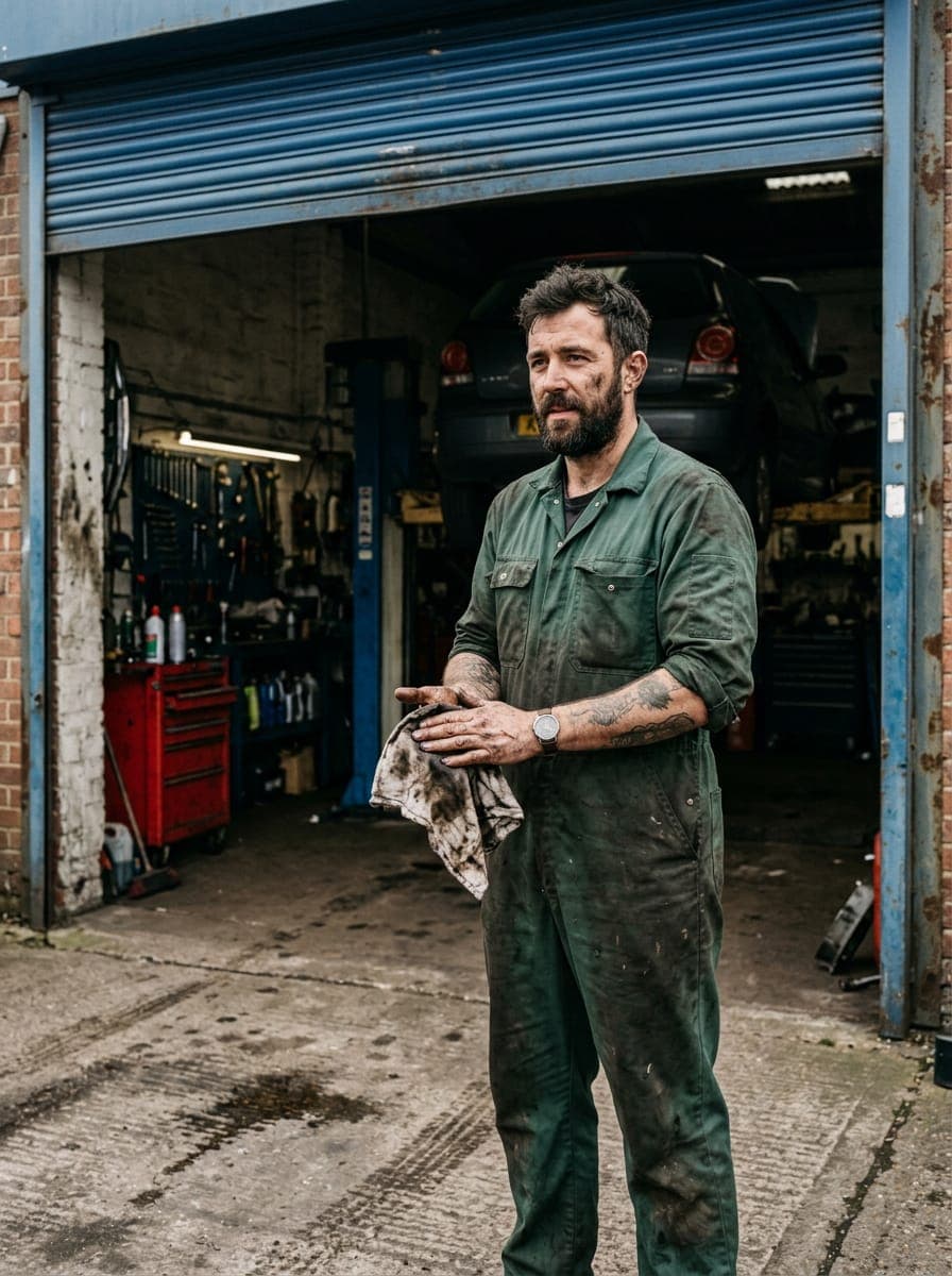 A mechanic in the doorway of his garage
