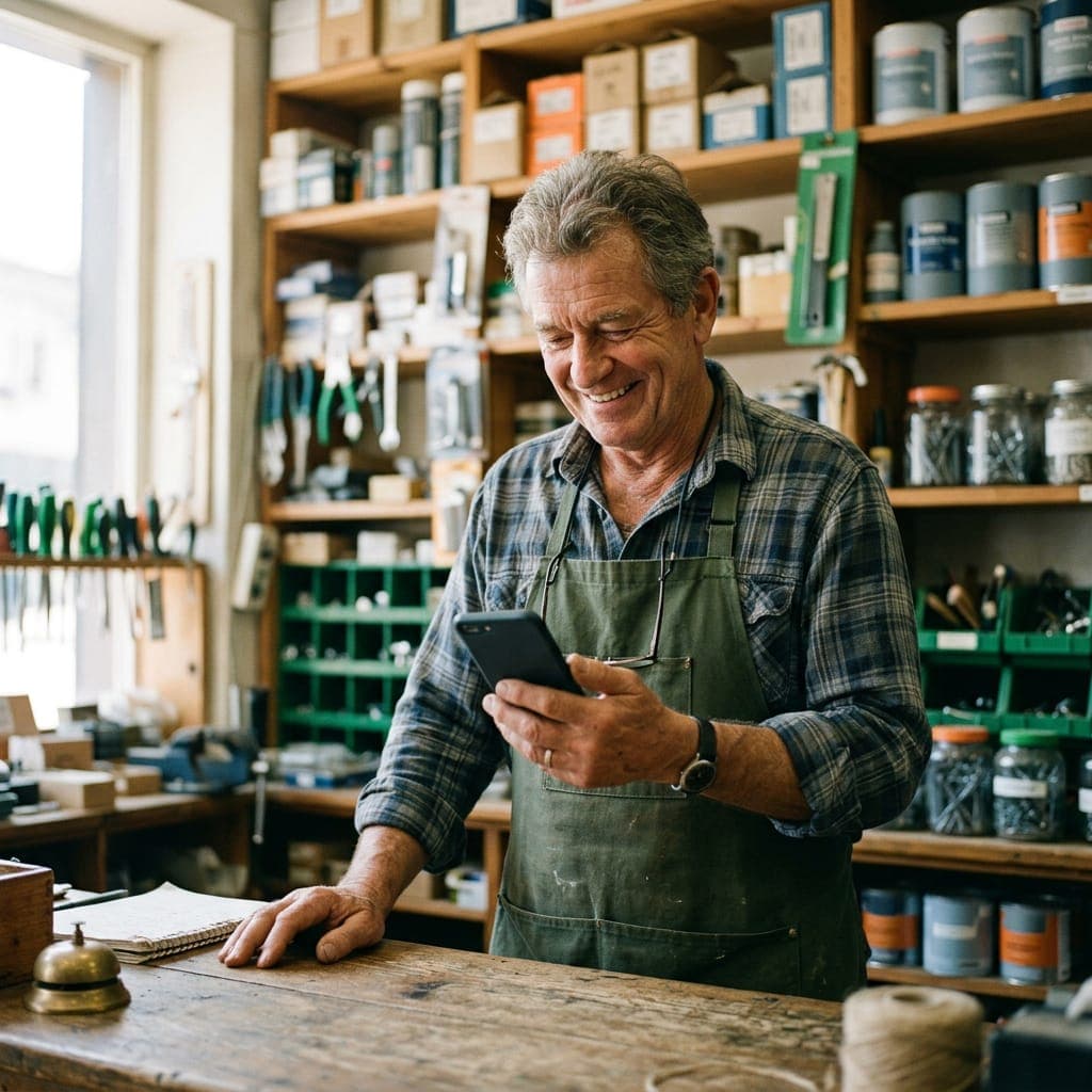 A shop owner checking his phone and smiling