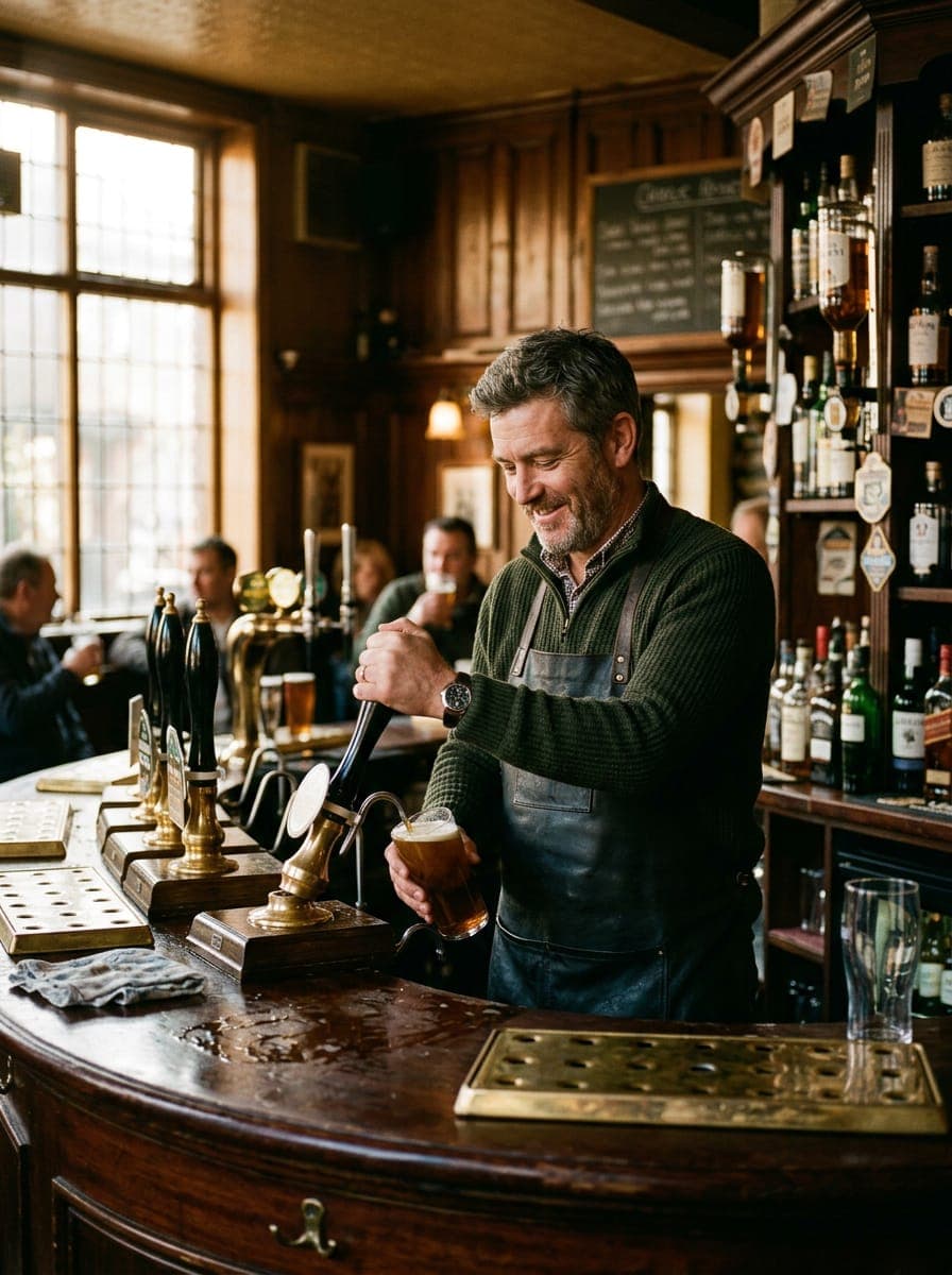 A pub landlord chatting across the bar while pulling a pint