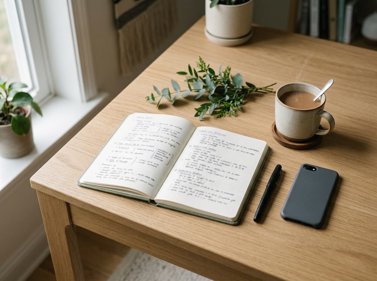 A tidy desk with a notebook, phone and cup of tea