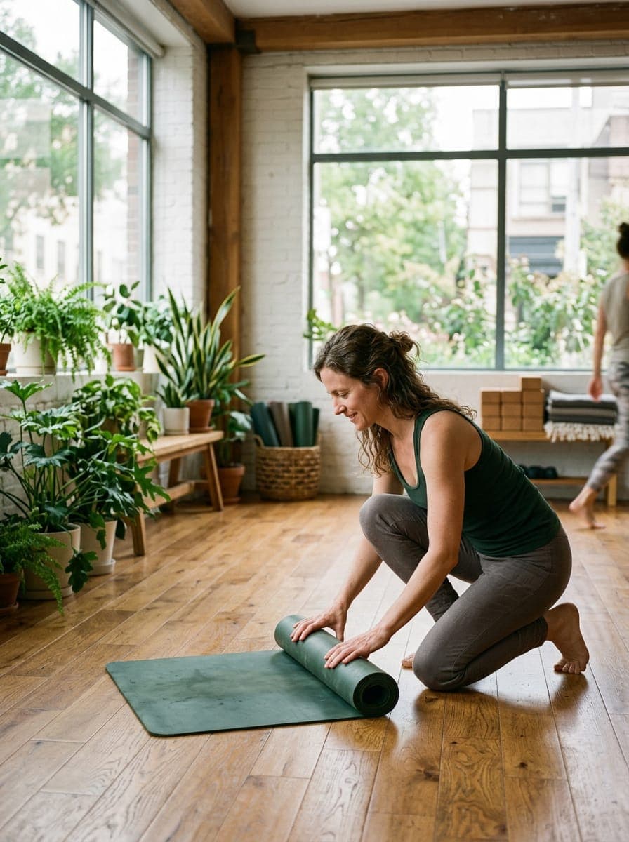 A yoga studio owner rolling up a mat in her bright studio